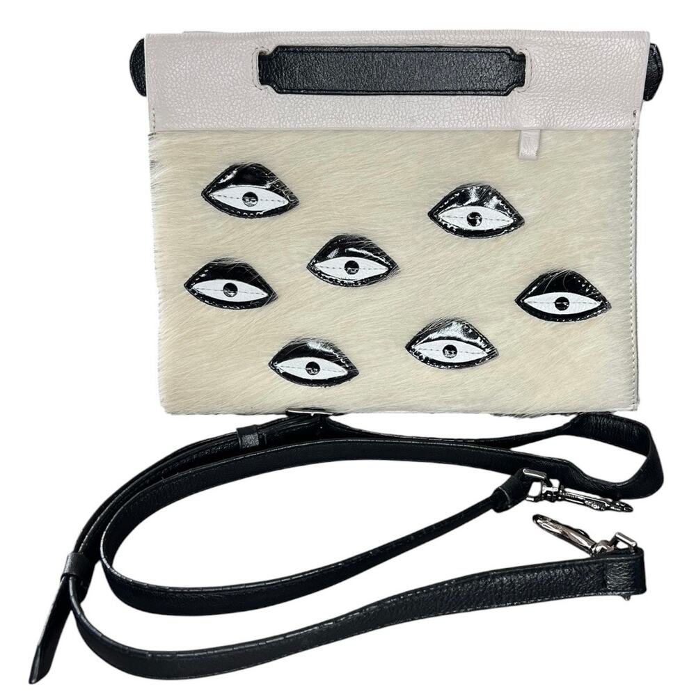 Min & Mon Vali Crossbody Small Cream Leather Bag Eyes Applique gray black